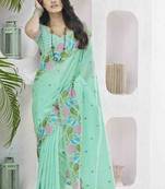 sea green linen silk blend saree with unstitched blouse piece