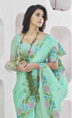 sea green linen silk blend saree with unstitched blouse piece 2
