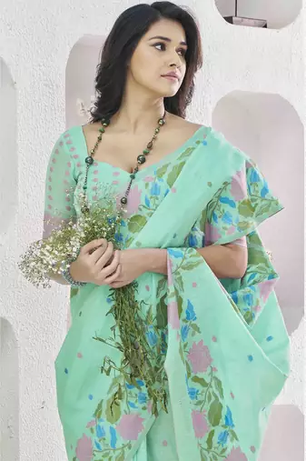 sea green linen silk blend saree with unstitched blouse piece