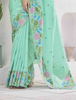 sea green linen silk blend saree with unstitched blouse piece 3
