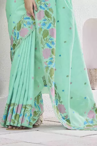 sea green linen silk blend saree with unstitched blouse piece