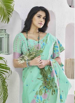 sea green linen silk blend saree with unstitched blouse piece 4