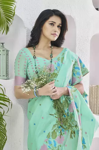 sea green linen silk blend saree with unstitched blouse piece