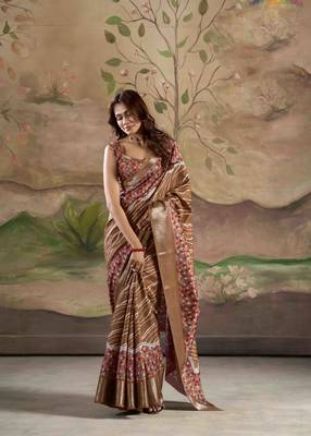 brown dola silk blend saree with unstitched blouse piece 1
