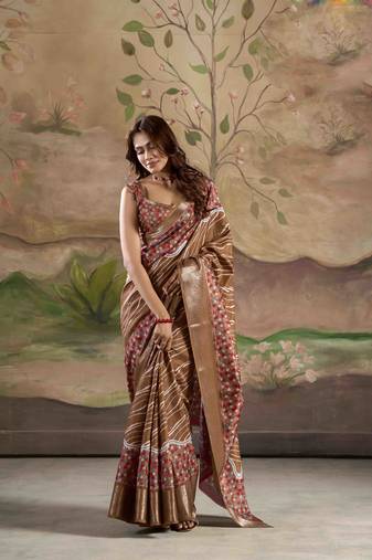 brown dola silk blend saree with unstitched blouse piece