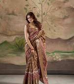 brown dola silk blend saree with unstitched blouse piece
