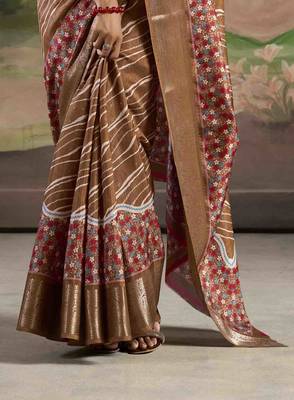 brown dola silk blend saree with unstitched blouse piece 3