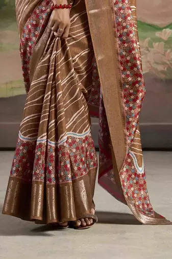 brown dola silk blend saree with unstitched blouse piece