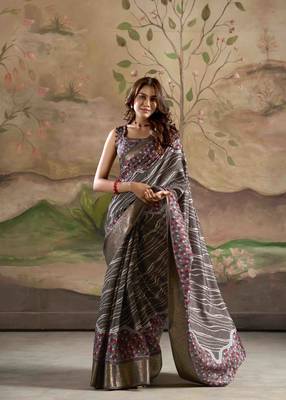grey dola silk blend saree with unstitched blouse piece 1