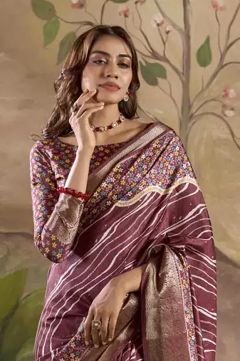 burgundy dola silk blend saree with unstitched blouse piece