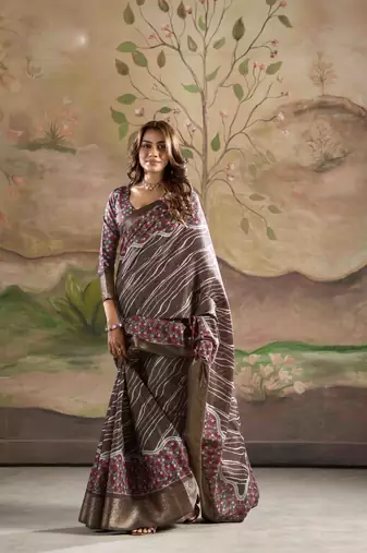 coffee dola silk blend saree with unstitched blouse piece