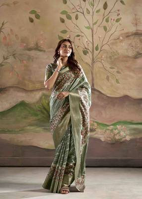 olive dola silk blend saree with unstitched blouse piece 1