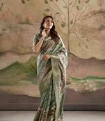 olive dola silk blend saree with unstitched blouse piece