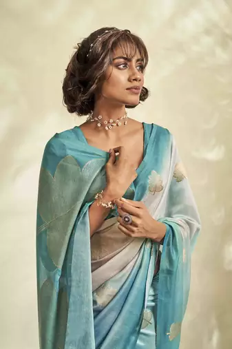 turquoise cotton silk blend saree with unstitched blouse piece