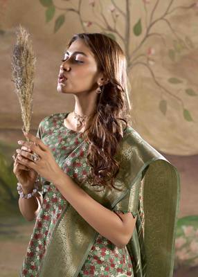 olive dola silk blend saree with unstitched blouse piece 2