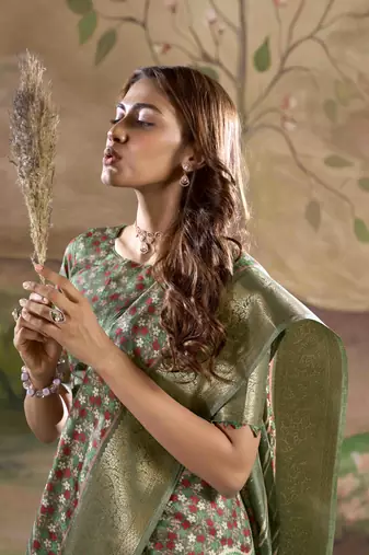 olive dola silk blend saree with unstitched blouse piece
