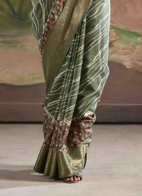 olive dola silk blend saree with unstitched blouse piece 3