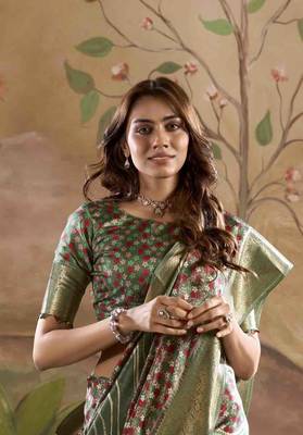olive dola silk blend saree with unstitched blouse piece 4