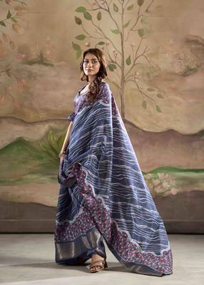 navy blue dola silk blend saree with unstitched blouse piece 1