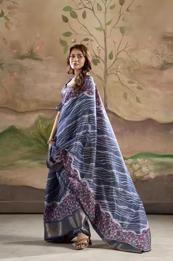 navy blue dola silk blend saree with unstitched blouse piece