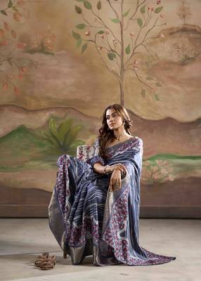 navy blue dola silk blend saree with unstitched blouse piece 3