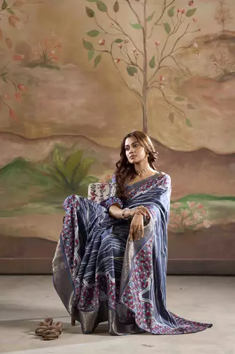 navy blue dola silk blend saree with unstitched blouse piece