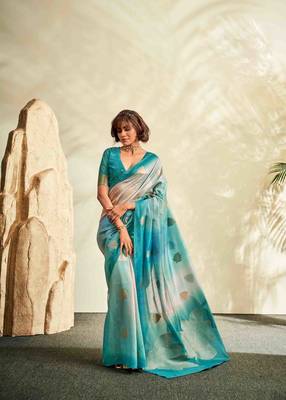 turquoise cotton silk blend saree with unstitched blouse piece 4