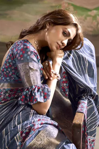 navy blue dola silk blend saree with unstitched blouse piece