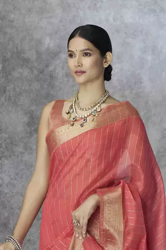 gajari cotton silk blend saree with unstitched blouse piece