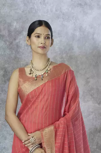 gajari cotton silk blend saree with unstitched blouse piece