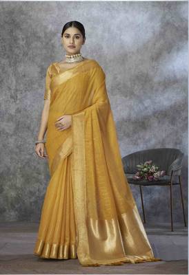 mustard cotton silk blend saree with unstitched blouse piece 1