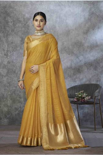 mustard cotton silk blend saree with unstitched blouse piece