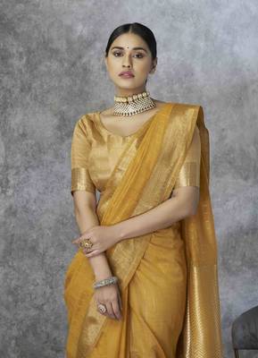 mustard cotton silk blend saree with unstitched blouse piece 2