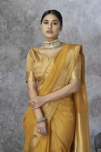 mustard cotton silk blend saree with unstitched blouse piece
