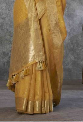 mustard cotton silk blend saree with unstitched blouse piece 3