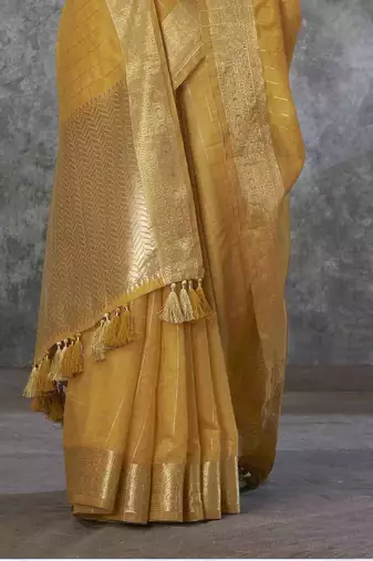 mustard cotton silk blend saree with unstitched blouse piece