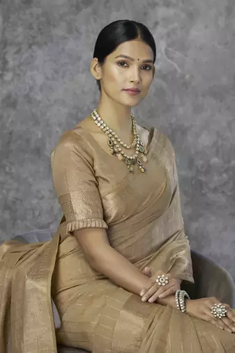 coffee cotton silk blend saree with unstitched blouse piece