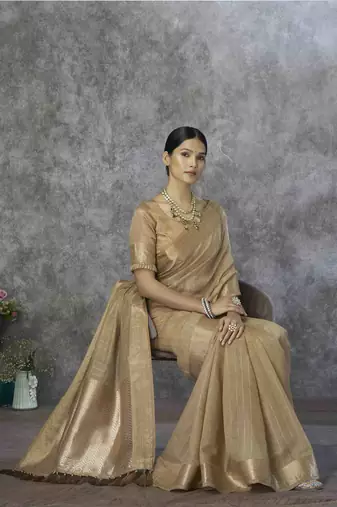 coffee cotton silk blend saree with unstitched blouse piece