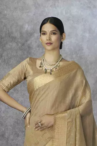 coffee cotton silk blend saree with unstitched blouse piece