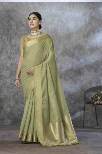 pista cotton silk blend saree with unstitched blouse piece