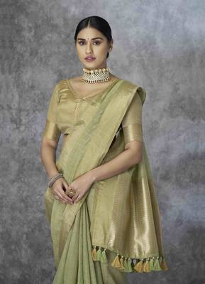 pista cotton silk blend saree with unstitched blouse piece 2