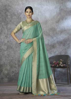 sea green cotton silk blend saree with unstitched blouse piece 1