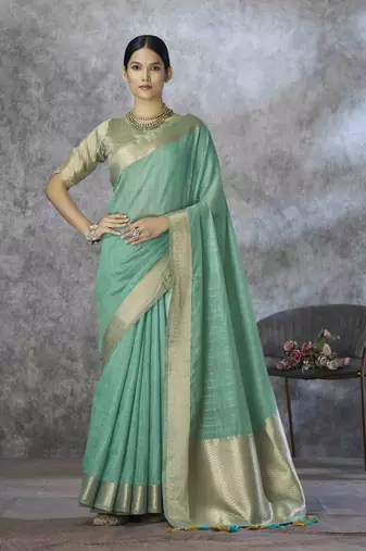 sea green cotton silk blend saree with unstitched blouse piece