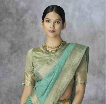sea green cotton silk blend saree with unstitched blouse piece 2