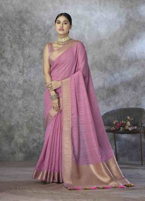 pink cotton silk blend saree with unstitched blouse piece 1