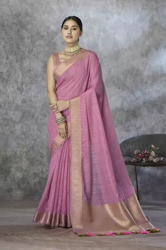 pink cotton silk blend saree with unstitched blouse piece