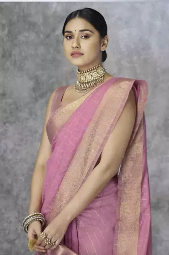 pink cotton silk blend saree with unstitched blouse piece