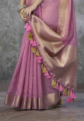 pink cotton silk blend saree with unstitched blouse piece 3
