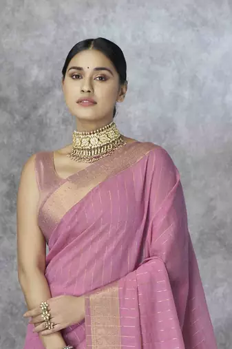pink cotton silk blend saree with unstitched blouse piece