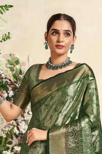 dark green silk blend blend saree with unstitched blouse piece